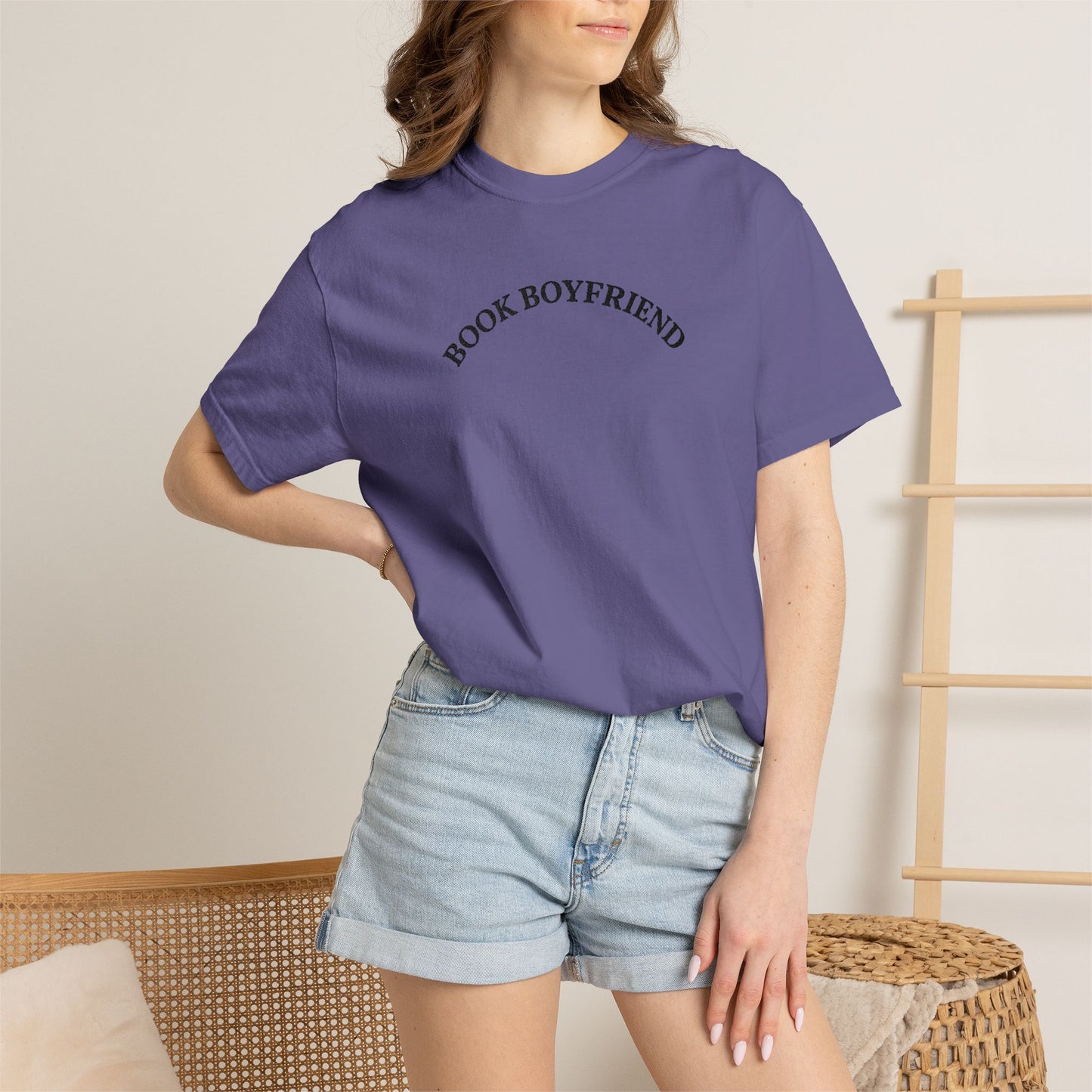 Book Boyfriend Embroidery T-shirt - Black on Grape (Deep Purple)
