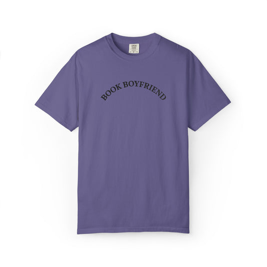 Book Boyfriend Embroidery T-shirt - Black on Grape (Deep Purple)