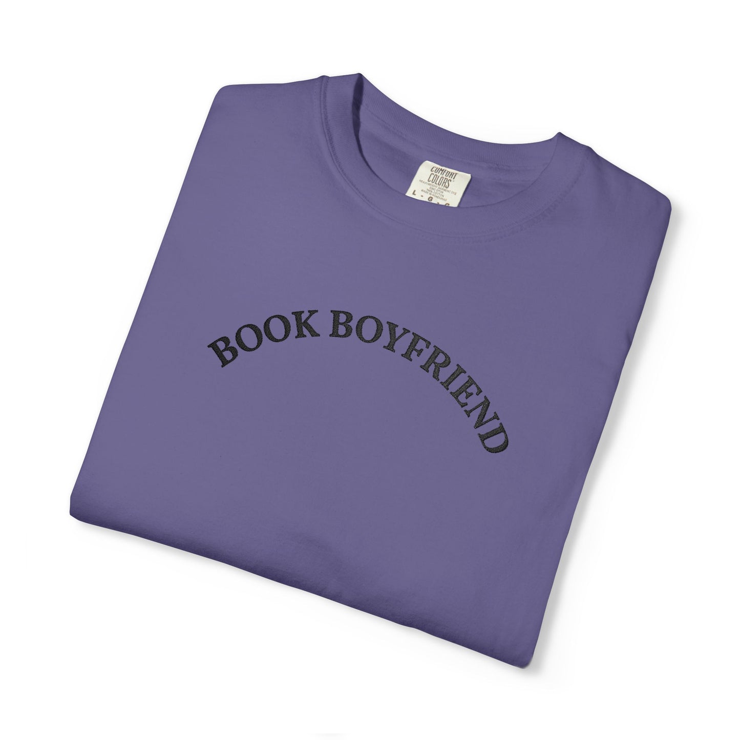 Book Boyfriend Embroidery T-shirt - Black on Grape (Deep Purple)